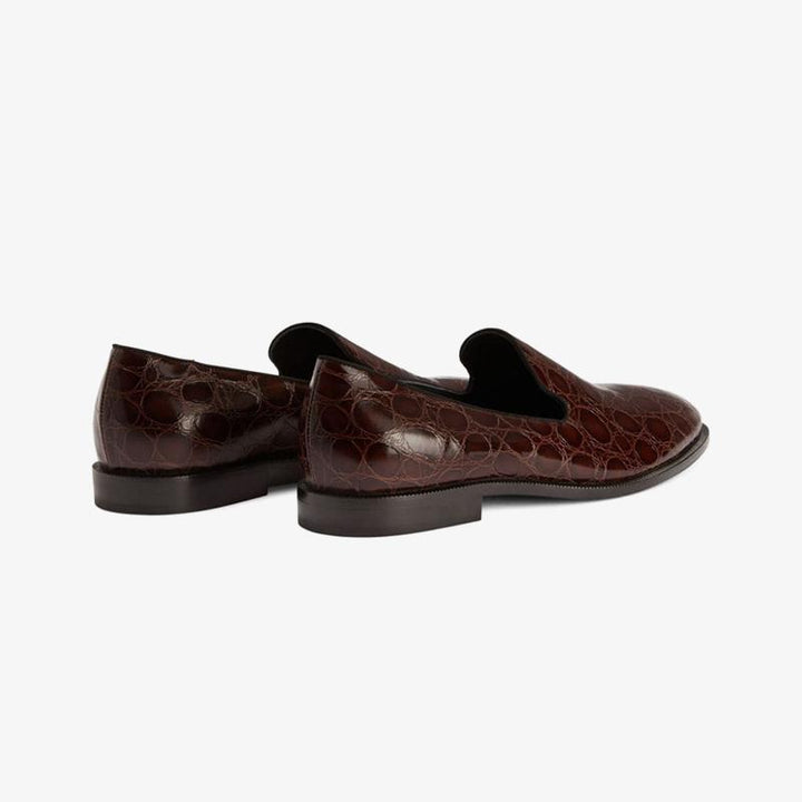 Chocolate Brown Crocodile-Embossed Leather Loafers - ARNO CONTI